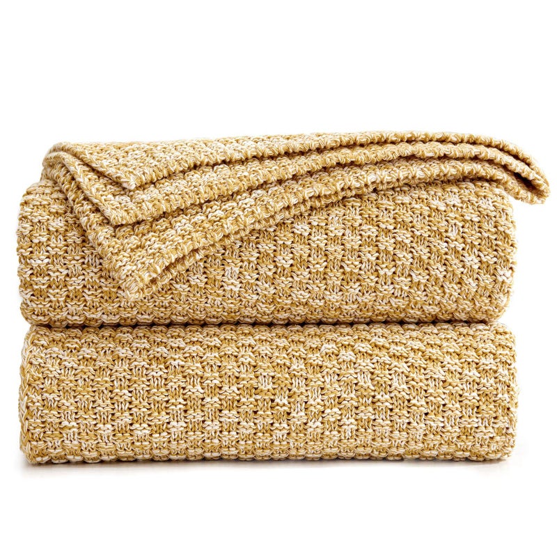Longhui bedding Gold Knitted Throw Blanket for Couch, Soft, Cozy Machine Washable 100% Cotton Sofa Blanket, Heavy 2.5lb Weight, Laundry Bag Included, Mustard Yellow and White - Image 1